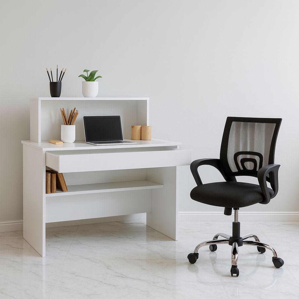 Kit Mesa Escritório Branco e Preto com Gaveta + Cadeira Ergonômica Confortável