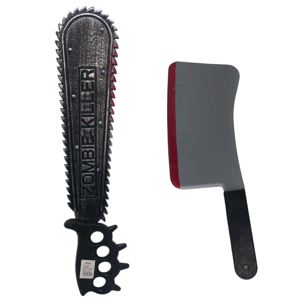 Kit Armas de Brinquedo Halloween – Serrote Zombie Killer e Cutelo Sangrento Fantasia Terror