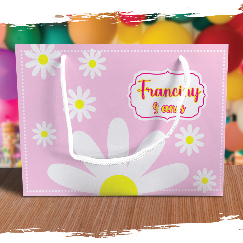 Sacolinha de Festa Margarida Rosa Flor Lembrancinha Personalizada Kit Festa Sacola Deitada Reta