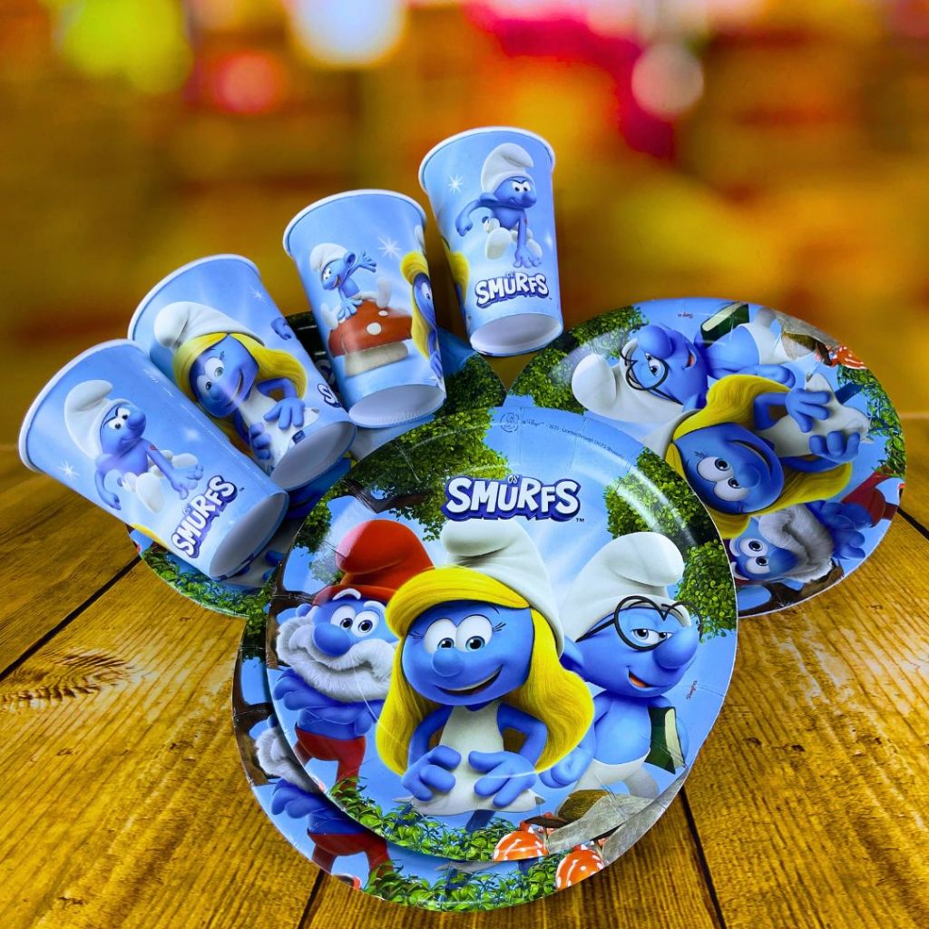 KIT FESTA  OS SMURFS 16 PRATOS + 16 COPOS DESCARTÁVEL 180 ML PAPEL - REGINA