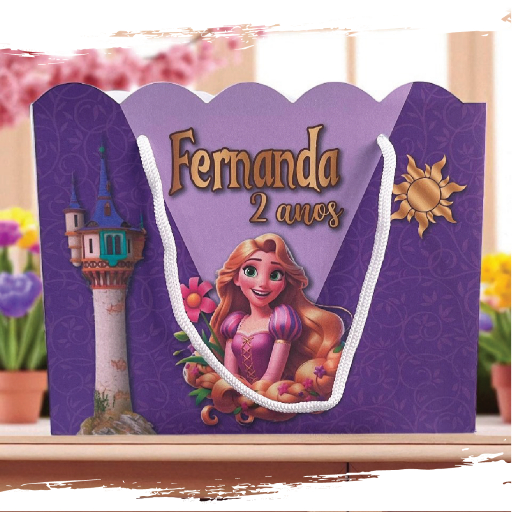 Sacolinha de Festa Rapunzel Roxo Lembrancinha Personalizada Kit Festa Sacola Ondulada Enrolados Princesa