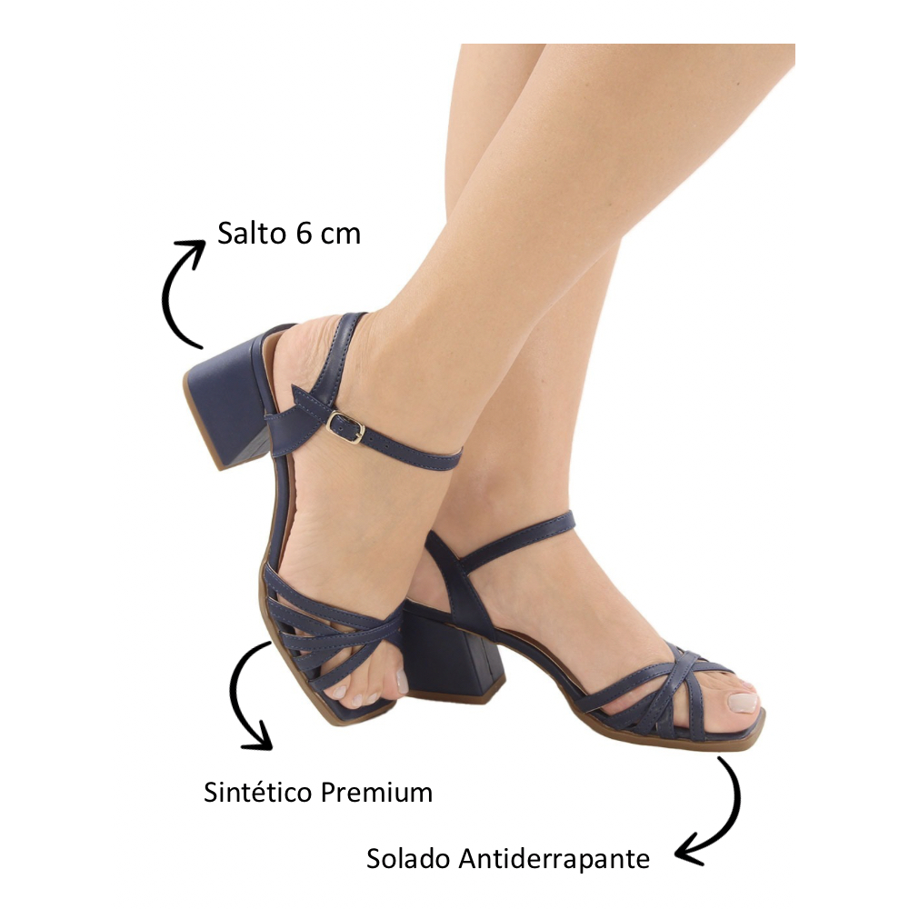 Sandália Salto Bloco Quadrado Azul Marinho Confortável Super Chique Elegante Casual