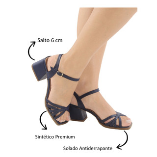 Sandália Salto Bloco Quadrado Azul Marinho Confortável Super Chique Elegante Casual