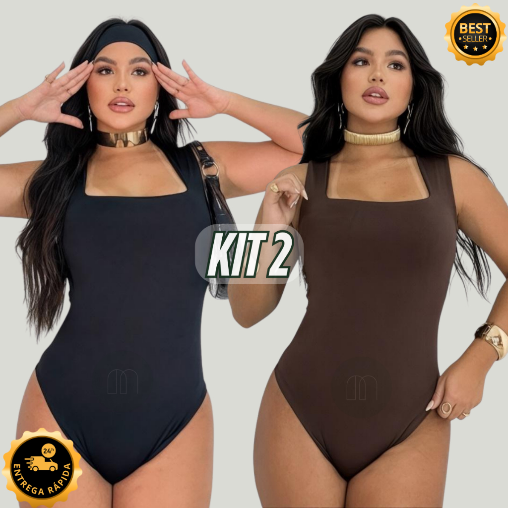 Kit 2 Body Feminino Decote Quadrado Alças Grossas Casual Elegante