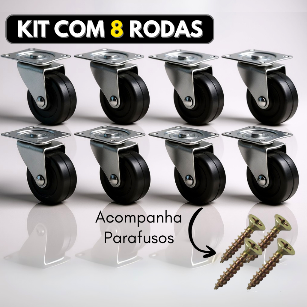Kit 08 Rodinhas Para Moveis Pesado Com Parafusos Reforçada Rodizio Giratorio