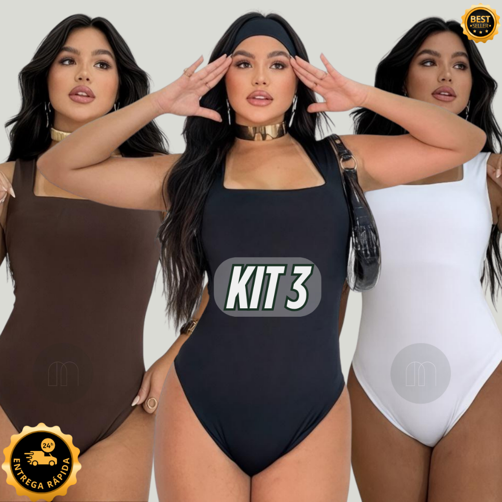 Kit 3 Body Feminino Decote Quadrado Alças Grossas Casual Elegante