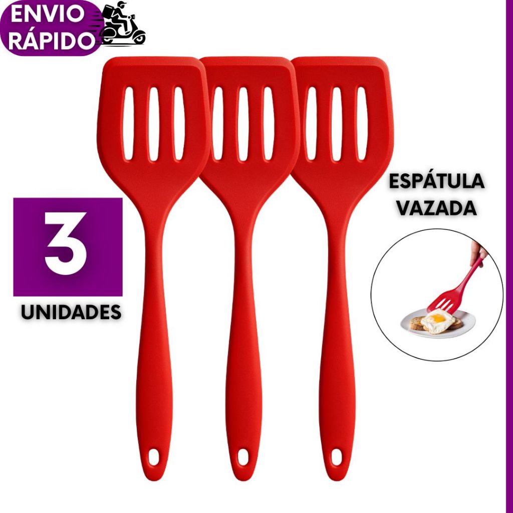 Kit 3 ou 2un Espátula Vazada Vermelha 29,8x8,5cm Culinária Silicone Multiuso Utensílio De Cozinha