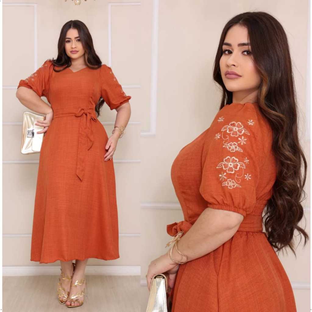 Vestido feminino midi manga bordada moda evangélica em Oferta na Shopee
