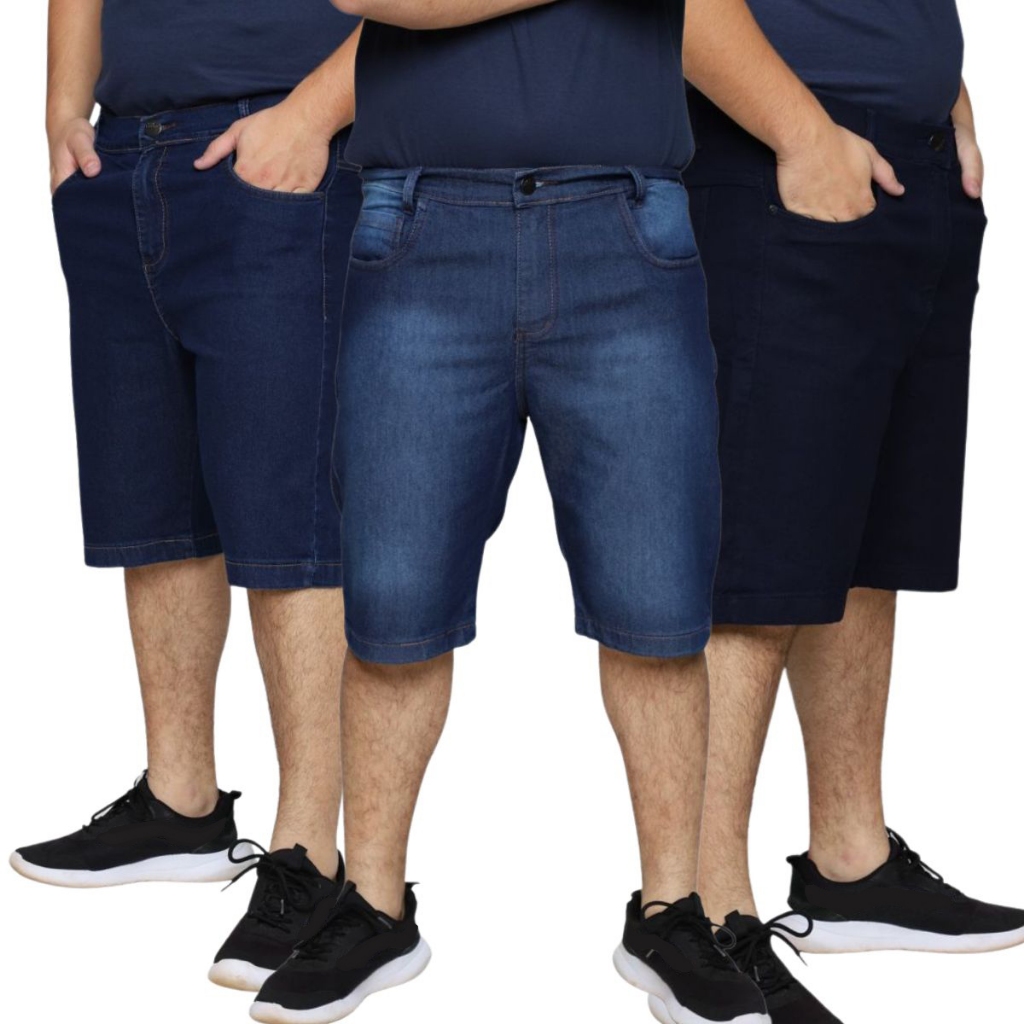Kit 3 Bermuda Jeans Masculina Plus Size Casual Lycra Elastano Lisa 48 ao 56