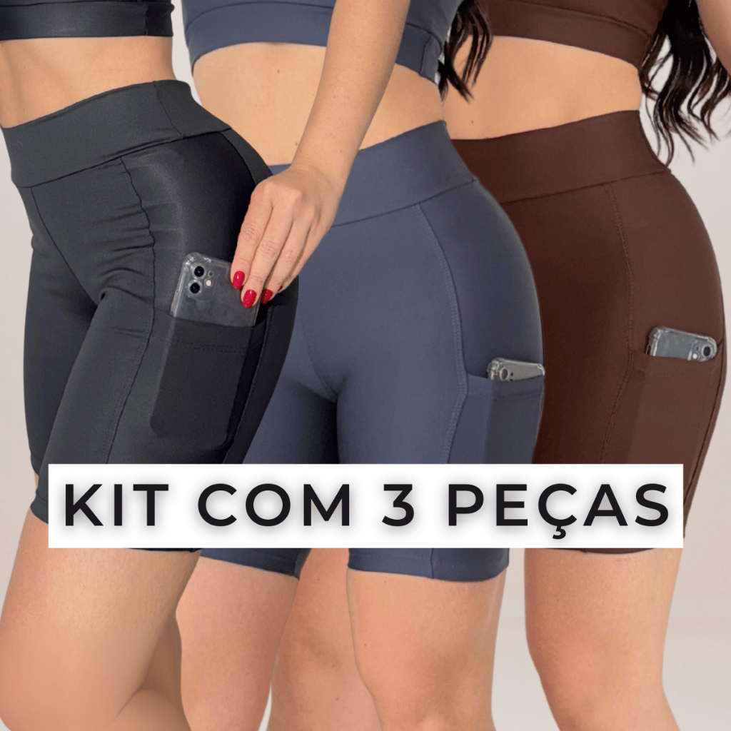Kit 3 Shorts Feminino Com Bolso Suplex Fitness Short Cintura Alta Corrida Caminhada Academia