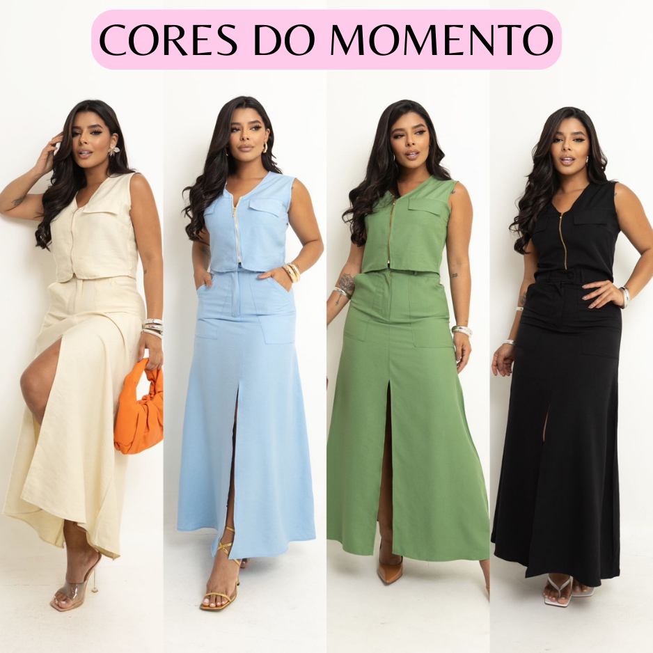 Conjunto Alfaiataria Social Feminino Saia e Blusa Marant Saia longa Com Fenda Colete Alfaiataria Ziper Conjunto Festa