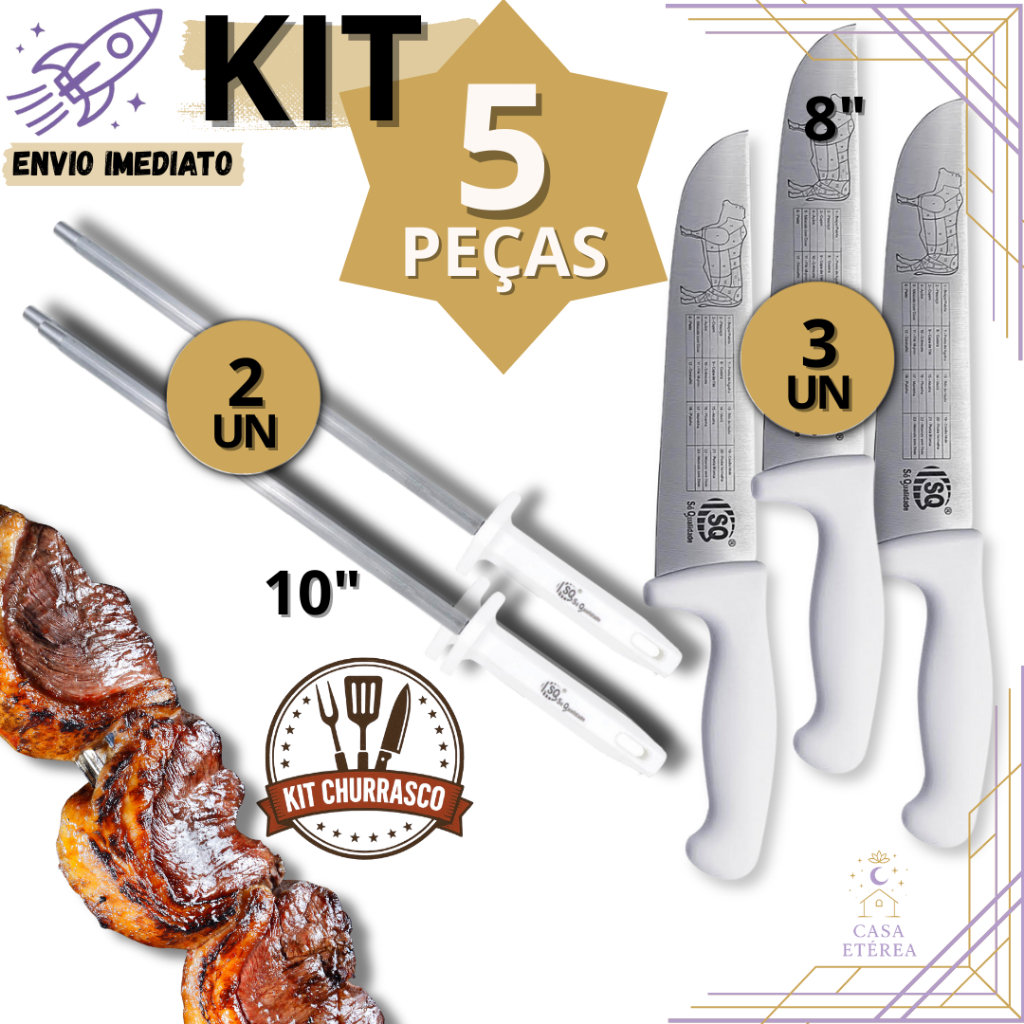 Kit 5 Chaira Faca Açougueiro Faca Profissional Inox – Perfeito para Churrascos Açougue Cozinha Profissional