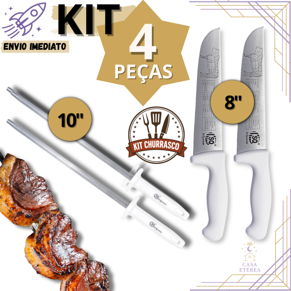Kit 4 Chaira Faca Açougueiro Faca Profissional Inox – Perfeito para Churrascos Açougue Cozinha Profissional