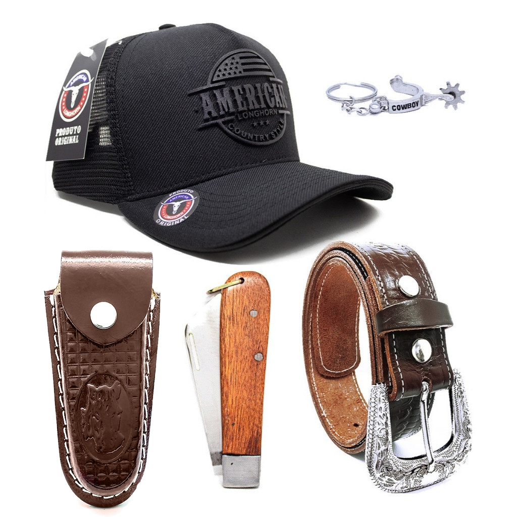 Kit Boné American Longhorn + Cinto De Couro + Bainha C/ Canivete
