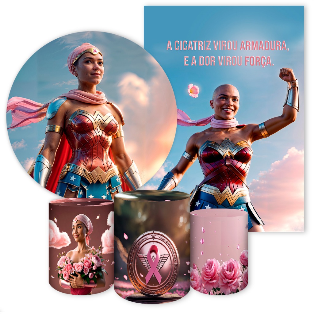 Kits Painéis Sublimáticos para Festa Tema Outubro Rosa Painel Redondo Trio Cilindro Capa Porta Painel Romano
