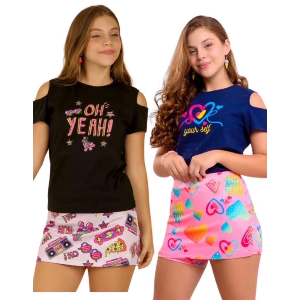 Conjunto Blusa e Short Saia Juvenil Menina Princesa Presente Aniversário Festa Balada Passeio Férias
