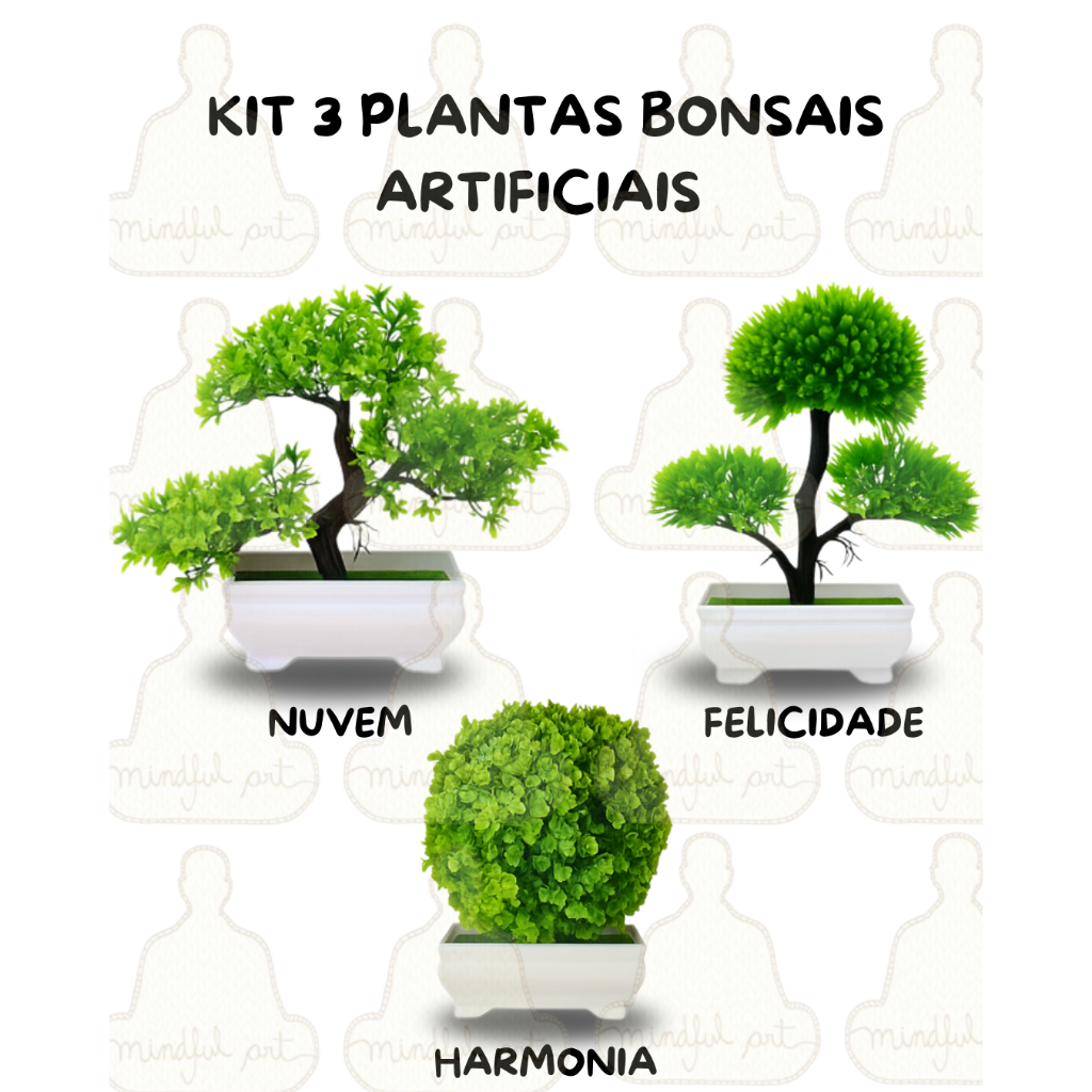 Kit 3 Plantas Artificiais Bonsais Modelos Nuvem, Harmonia e Felicidade - Estilo Zen na sua Decoração