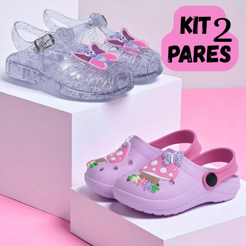 Kit 2 Pares Sandália Infantil Menina Com Glitter e Babuche Feminino Confortável