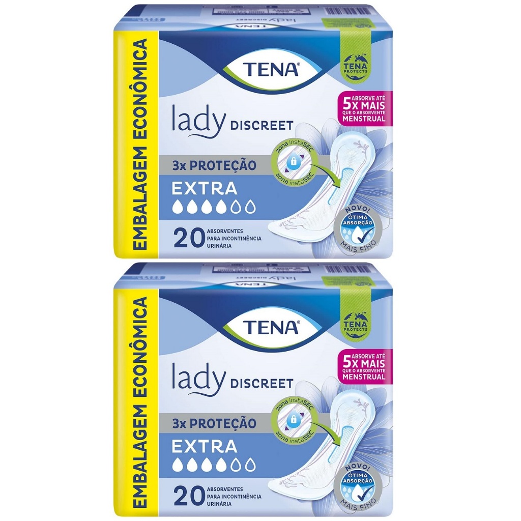 Kit 2ptes Absorvente TENA Lady Discreet Extra 20un cada - Total 40un (AZUL)