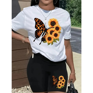 Conjunto Feminino Camiseta+Bermuda  Cós Alto Girassol e Borboleta Academia