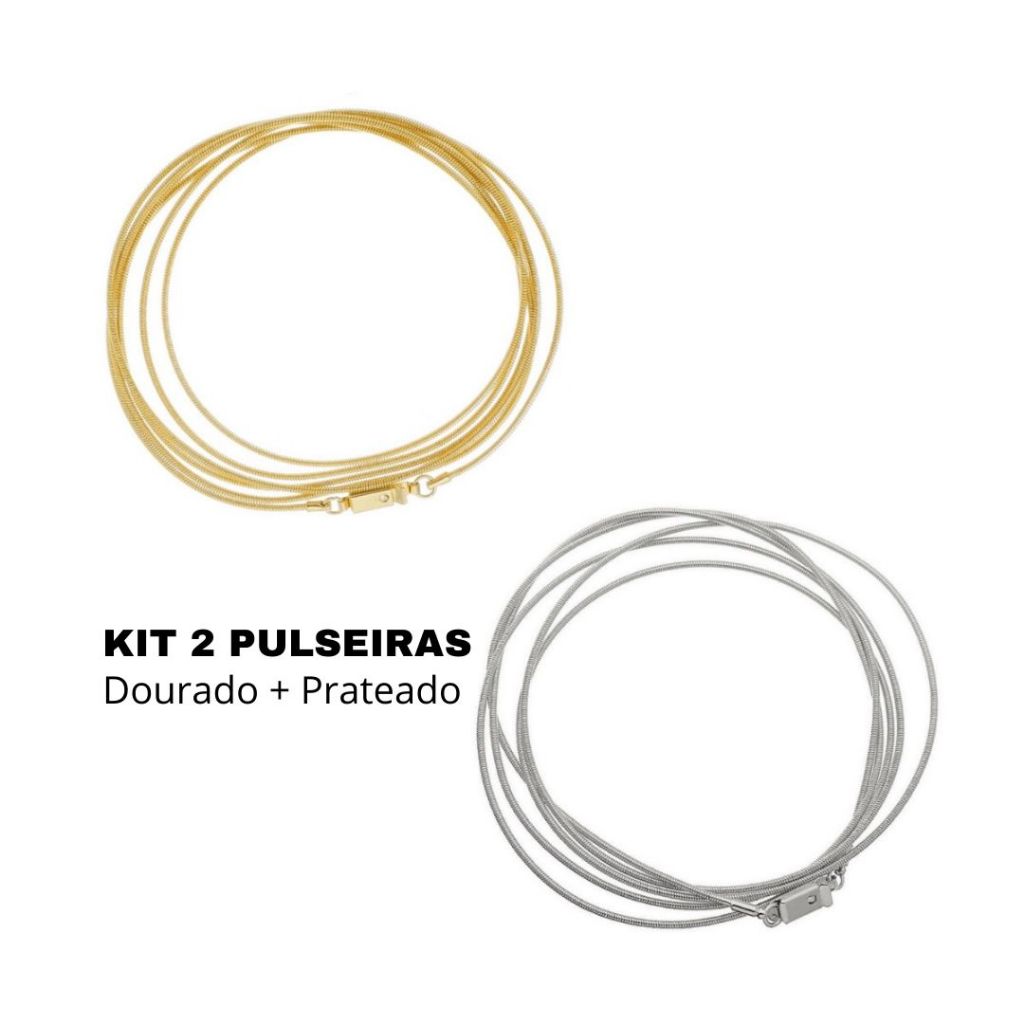 Kit 2 Pulseiras Corda de Violão Feminina Unissex 120cm, Banho Ouro e Prata, Semijoia Multiuso Pulseira Colar Tornozeleir