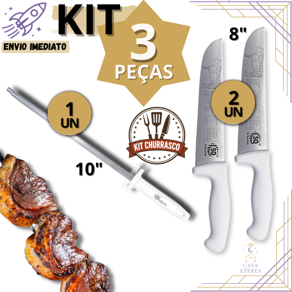 Kit 3 Chaira Faca Açougueiro Faca Profissional Inox – Perfeito para Churrascos Açougue Cozinha Profissional