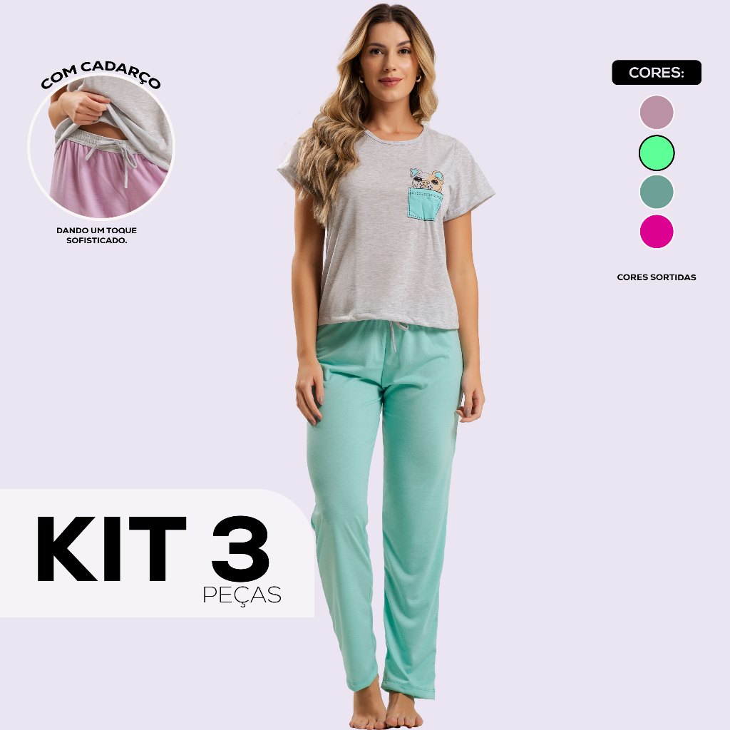 Kit 3 Pijama Longo Fechado Adulto Feminino Manga Curta Raglan Inverno Barato Cellemar Modas