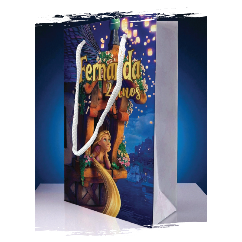 Sacolinha de Festa Rapunzel Lembrancinha Personalizada Kit Festa Sacola Pé Azul Enrolados Princesa