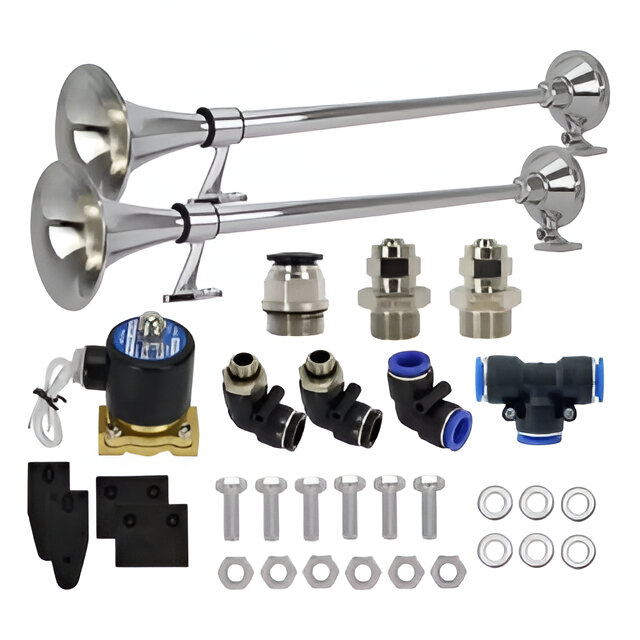 KIT 2 BUZINA AR CAMINHÃO MARITIMA  74CM VALVULA 1/2 POL 12V/24V CONEXÕES 10MM OU 12 MM