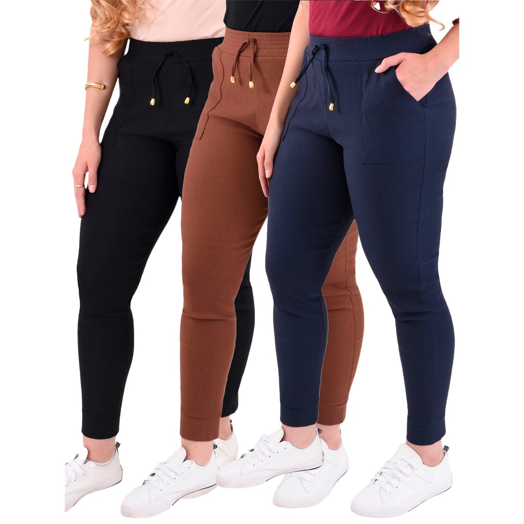 Kit 3 Calça Jogger Feminina Bengaline Elastano Casual Tendencia em Oferta na Shopee