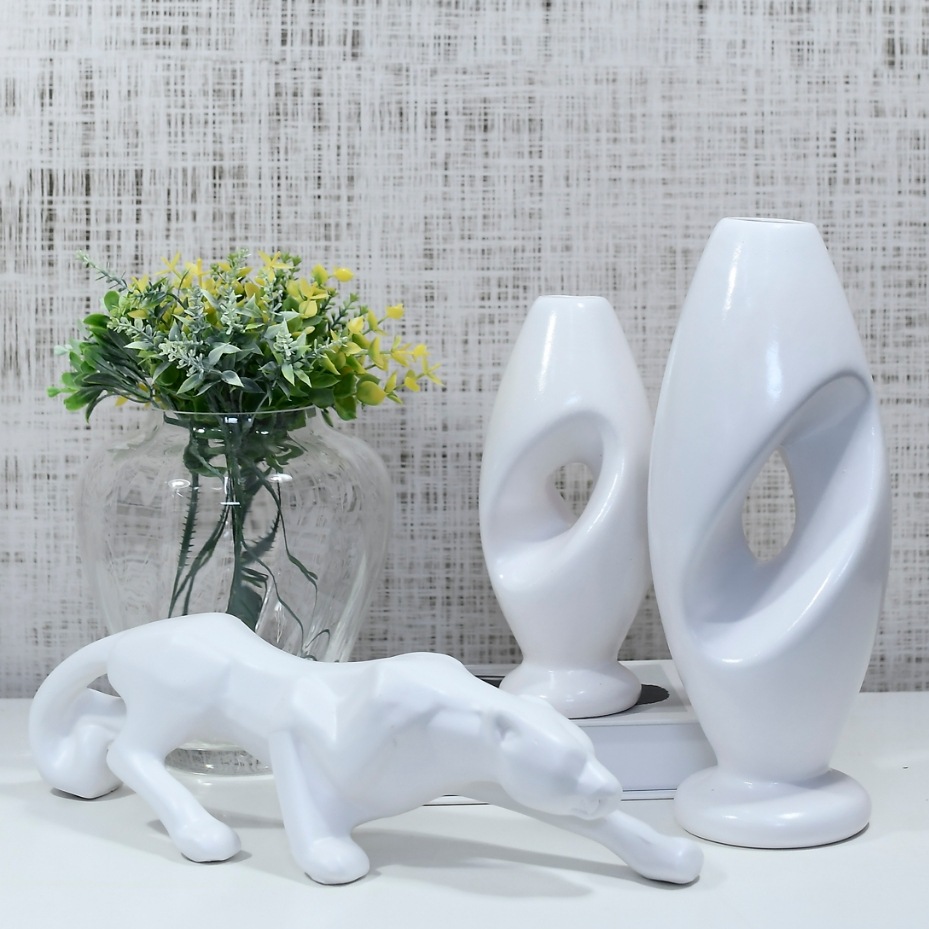 Enfeite Vasos 3 Peças Pantera Kit Moderno Cerâmica Centro Mesa Decorativo Casa Quarto Sala Aparador