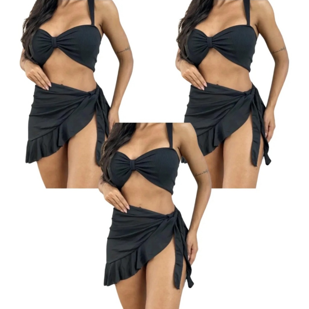 Kit 3 Saidas De Praia Mini Saia Pareo Com Babado