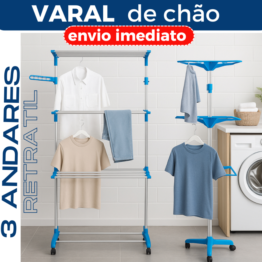 Varal de Chão Torre 3 Andares Alumínio Dobrável Retrátil Vertical Compacto com 4 Rodas Não Enferruja