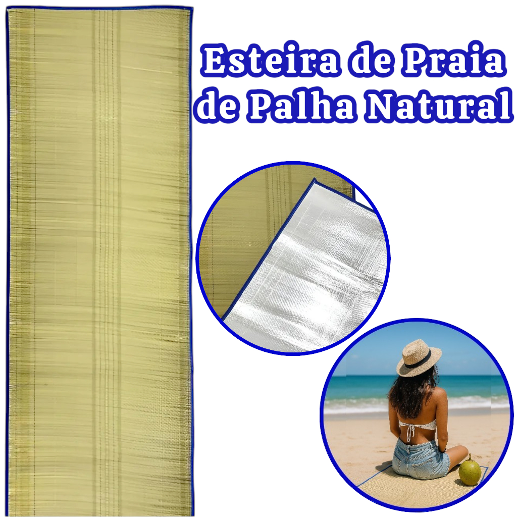 Esteira Praia Palha  Natural Tapete Térmico 1,70cm Dobrável Com Alça Laminado Impermeável Parque em Oferta na Shopee
