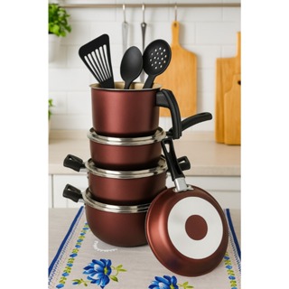 Kit Panelas Antiaderentes - MARROM & BEGE com Tampas de Vidro (Jogo com 8 peças, com 5 camadas de Teflon Premium) em Oferta na Shopee