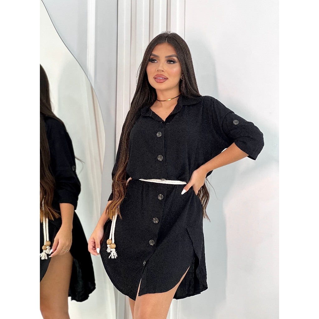 Vestido Chemise Mullet Manga Longa Botões Camisão / Mullet 3/4 Vestido