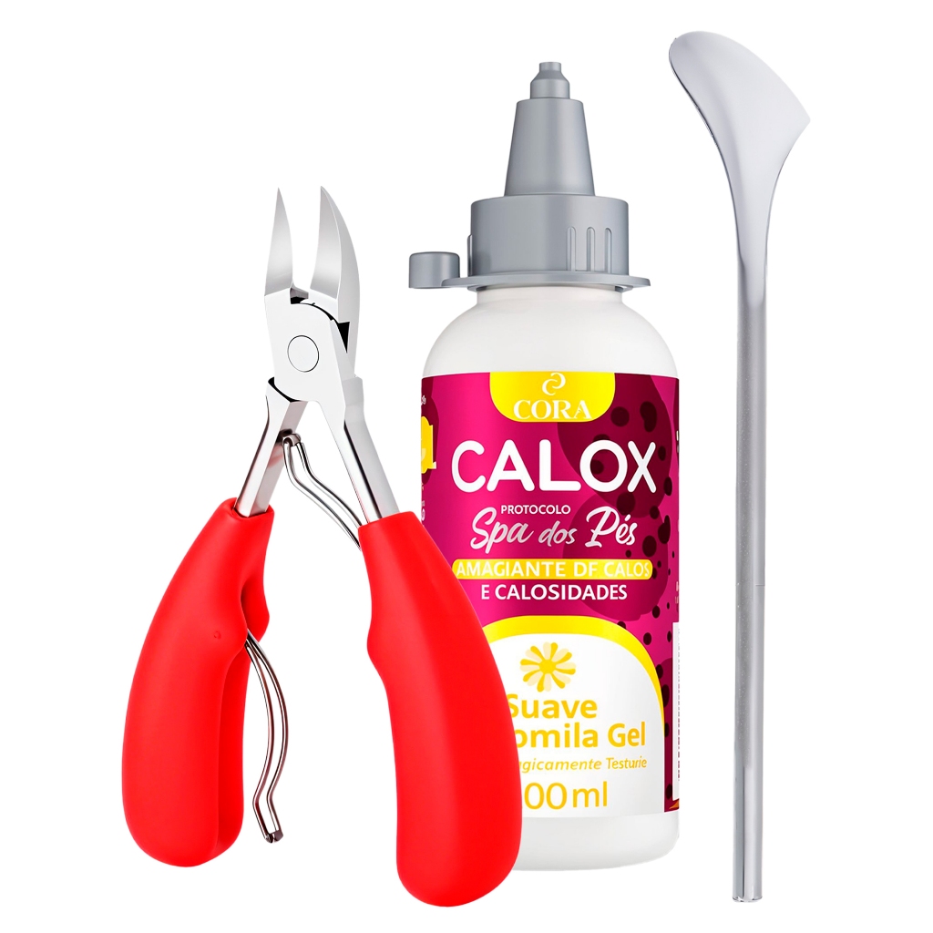 Kit Spa Pés Cora Calox 100ml Amolecedor Calos + Alicate Inox Corte Preciso + Espátula Profissional