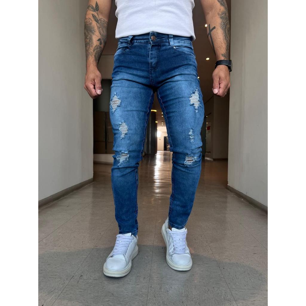 Calça Masculina Jeans Skinny Premium Lycra Elastano rasgada clara
