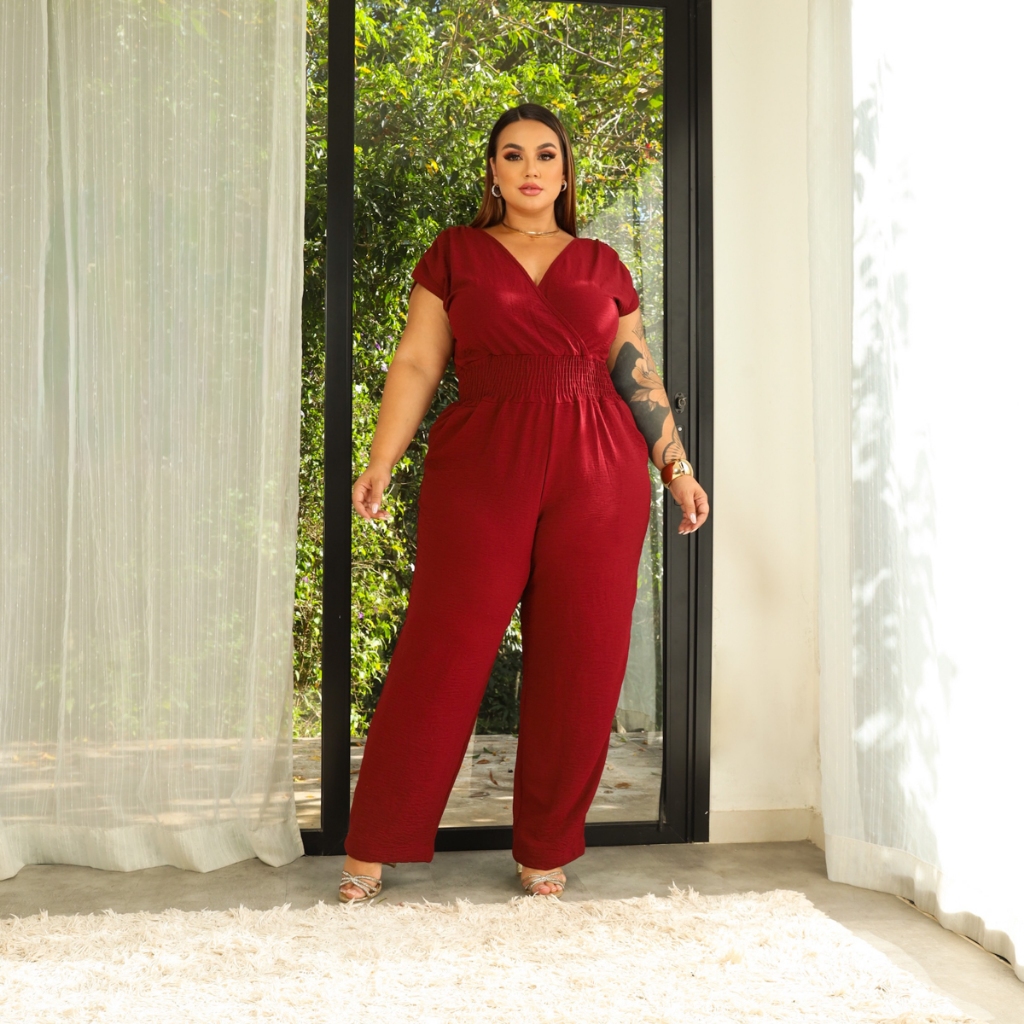 Macacão Pantalona Lastex na Cintura que Modela Plus Size Transpassado Decote V Confortável Lia Rosa em Oferta na Shopee