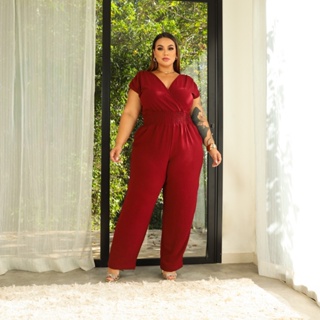 Macacão Pantalona Lastex na Cintura que Modela Plus Size Transpassado Decote V Confortável Lia Rosa em Oferta na Shopee
