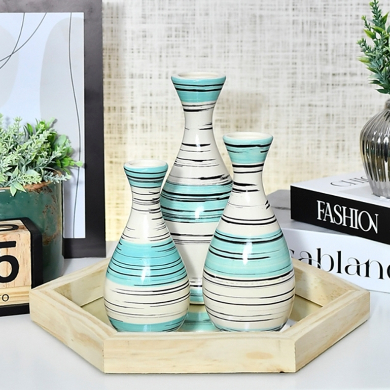 Kit Enfeite 4 Peças Vasos + Bandeja Cerâmica Sala Conjunto Completo Decorativa Trio Rack Centro Mesa
