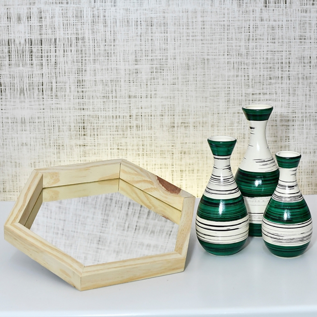 KIT 4 Peças Bandeja Espelhada Madeira + Trio Vasos Ceramica Enfeite Decorativo Centro Mesa Rack Casa