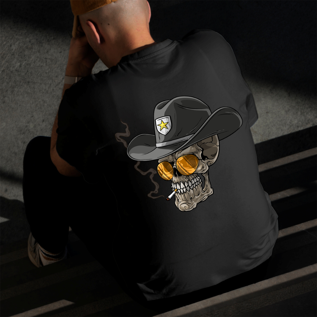 Camiseta Masculina Estampada Caveira Xerife 100% Algodão Estilo Conforto Diário Do Tamanho P ao GG
