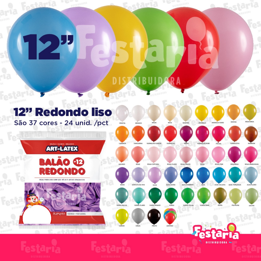 Balão Redondo 12" Diversas Cores  – 24 Unid – Art Latex
