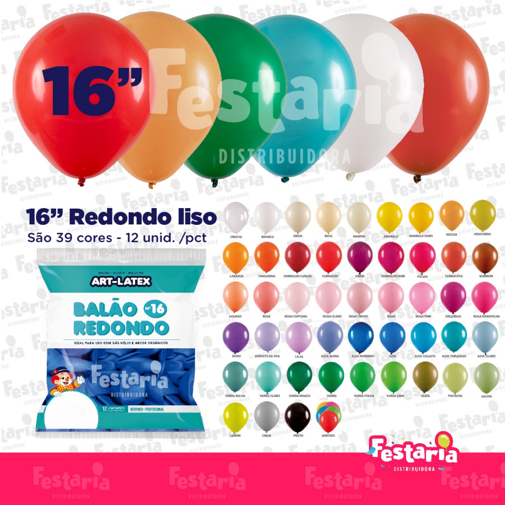 Balão Redondo 16" Diversas Cores  – 12 Unid – Art Latex
