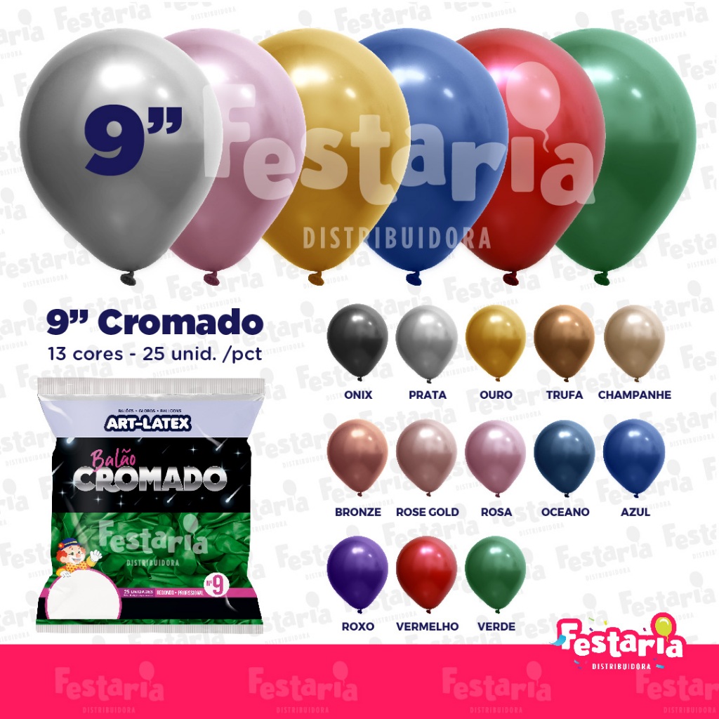 Balão Cromado 9" Diversas Cores  – 25 Unid – Art Latex em Oferta na Shopee
