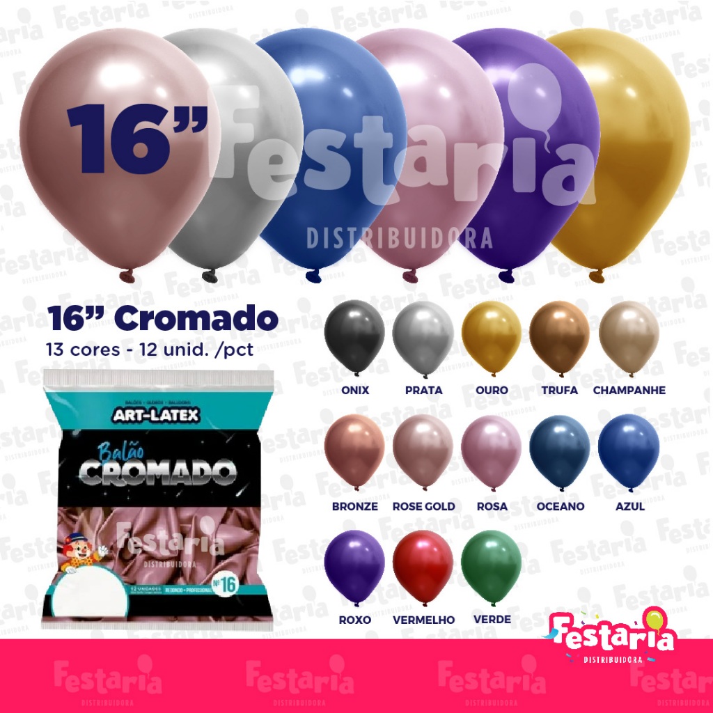 Balão Cromado 16" Diversas Cores – 12 Unid – Art Latex