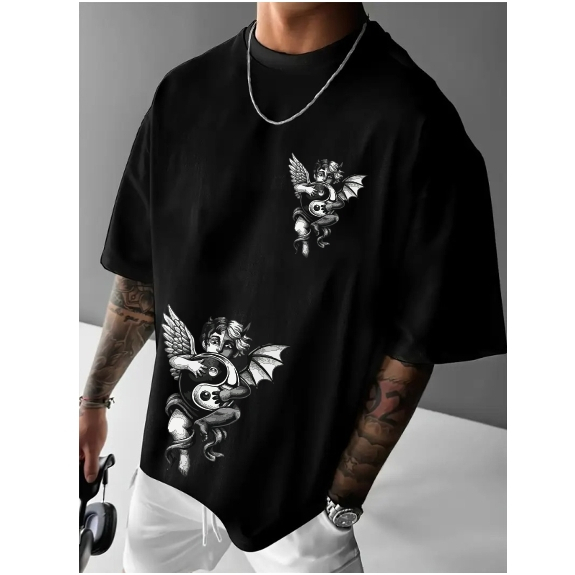Camiseta Casual Algodão Premium Anjo Ying Yang Diabinho Plus Size Infantil Streetwear