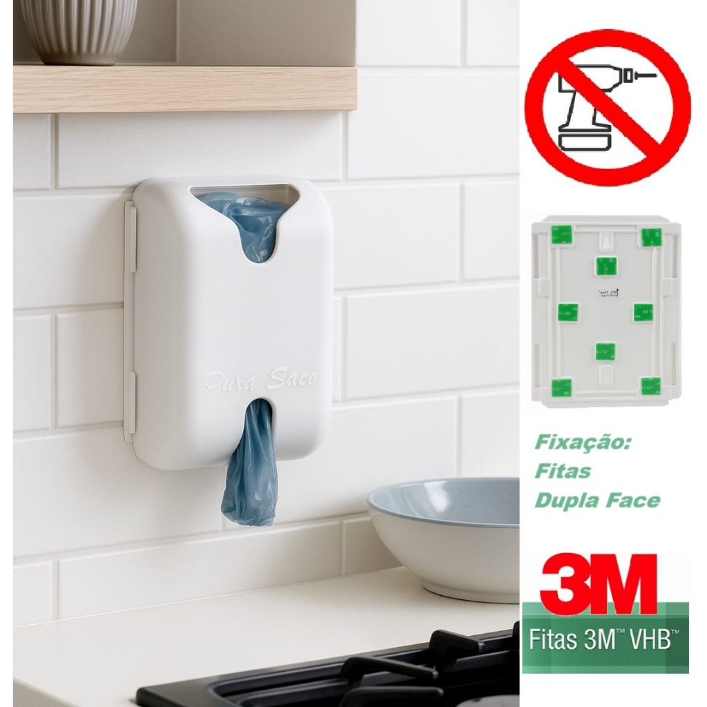 Puxa Saco Branco Dispenser Sacolas Fixação 3M em Oferta na Shopee