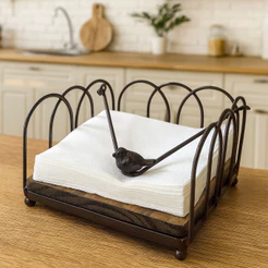 Porta Guardanapo Quadrado Grande com Passarinho em Ferro Marrom Decorativo para Mesa Farmhouse